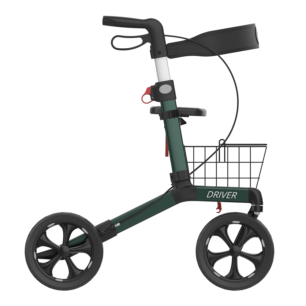 DRIVER foldbar rollator med sæde – Transportabel, mørkegrøn med soft hjul og kurv - Seniorpleje - Letvægts rollatorer - Seniorpleje - - -