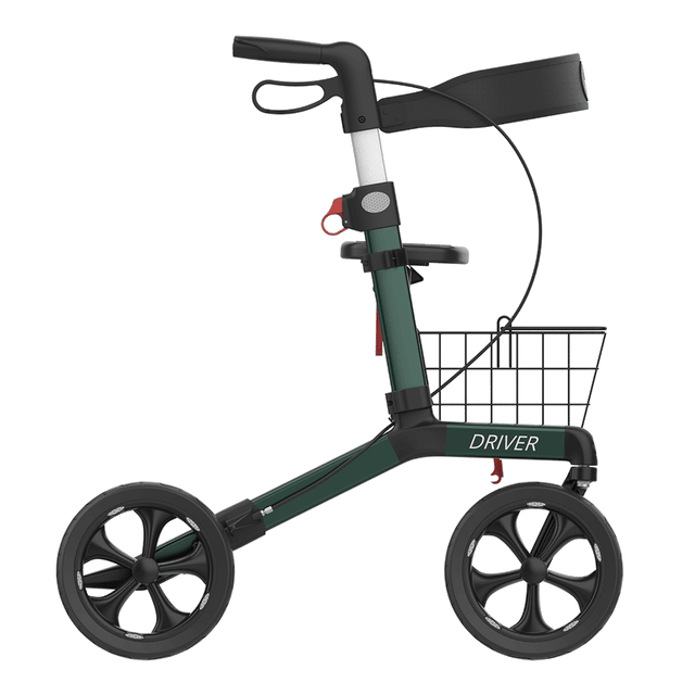 DRIVER foldbar rollator med sæde – Transportabel, mørkegrøn med soft hjul og kurv - Seniorpleje - Letvægts rollatorer - Seniorpleje - - -