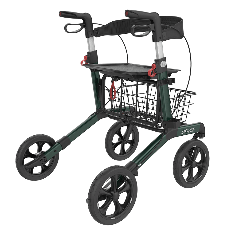 DRIVER foldbar rollator med sæde – Transportabel, mørkegrøn med soft hjul og kurv - Seniorpleje - Letvægts rollatorer - Seniorpleje - - -