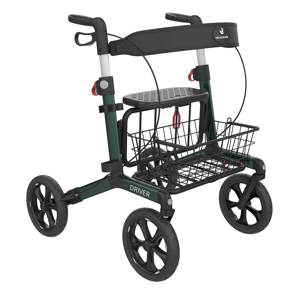 DRIVER foldbar rollator med sæde – Transportabel, mørkegrøn med soft hjul og kurv - Seniorpleje - Letvægts rollatorer - Seniorpleje - - -