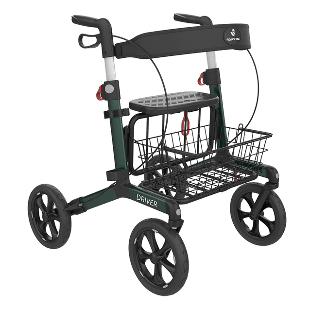 DRIVER foldbar rollator med sæde – Transportabel, mørkegrøn med soft hjul og kurv - Seniorpleje - Letvægts rollatorer - Seniorpleje - - -