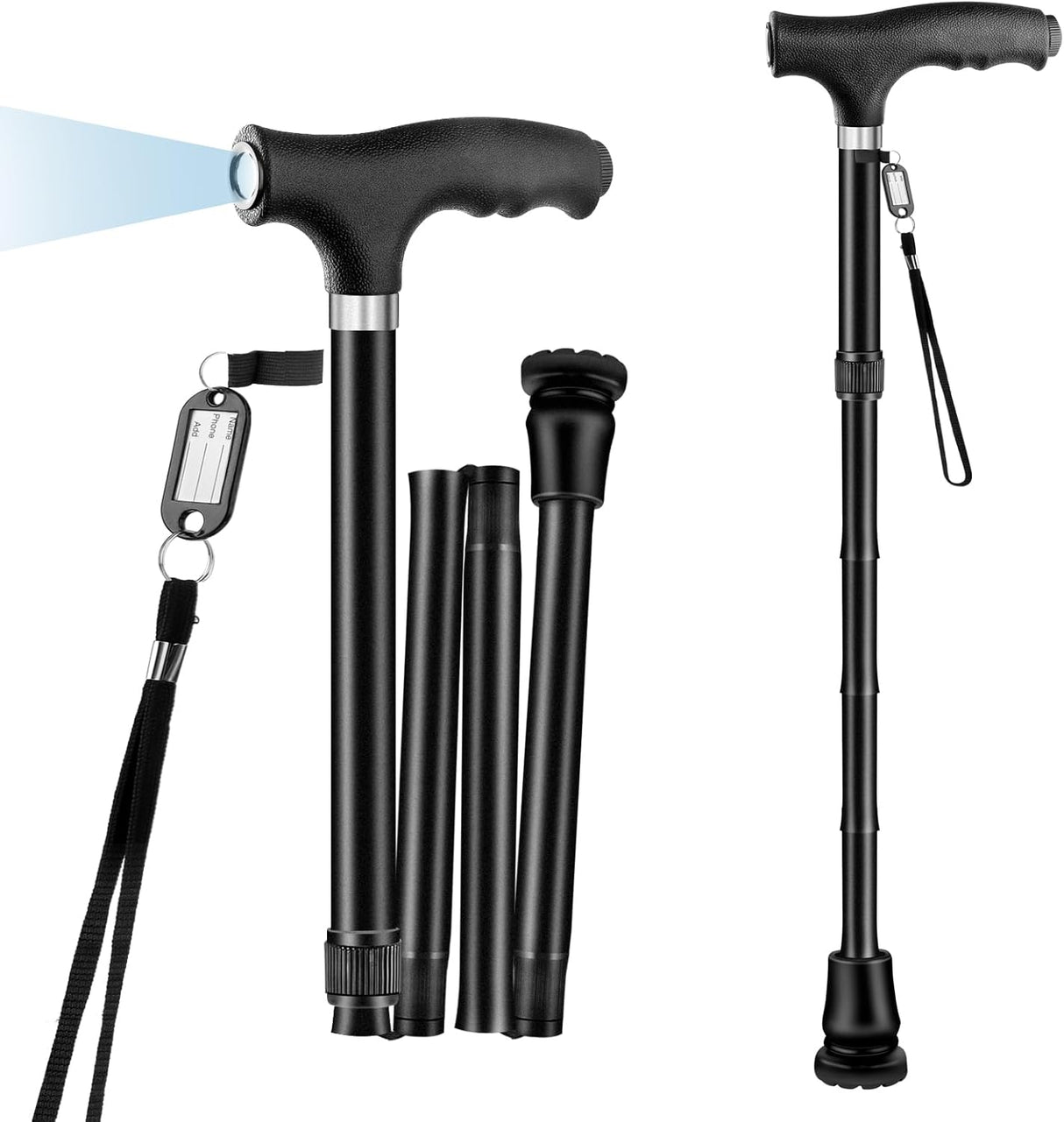 FOLDBAR LED - STOK – Elegant og praktisk sort gangstok med LED - lys. Højdejusterbar. - Seniorpleje - Foldbar stok - Seniorpleje - OOC - 01 -