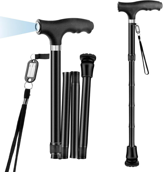 FOLDBAR LED - STOK – Elegant og praktisk sort gangstok med LED - lys. Højdejusterbar. - Seniorpleje - Foldbar stok - Seniorpleje - OOC - 01 -