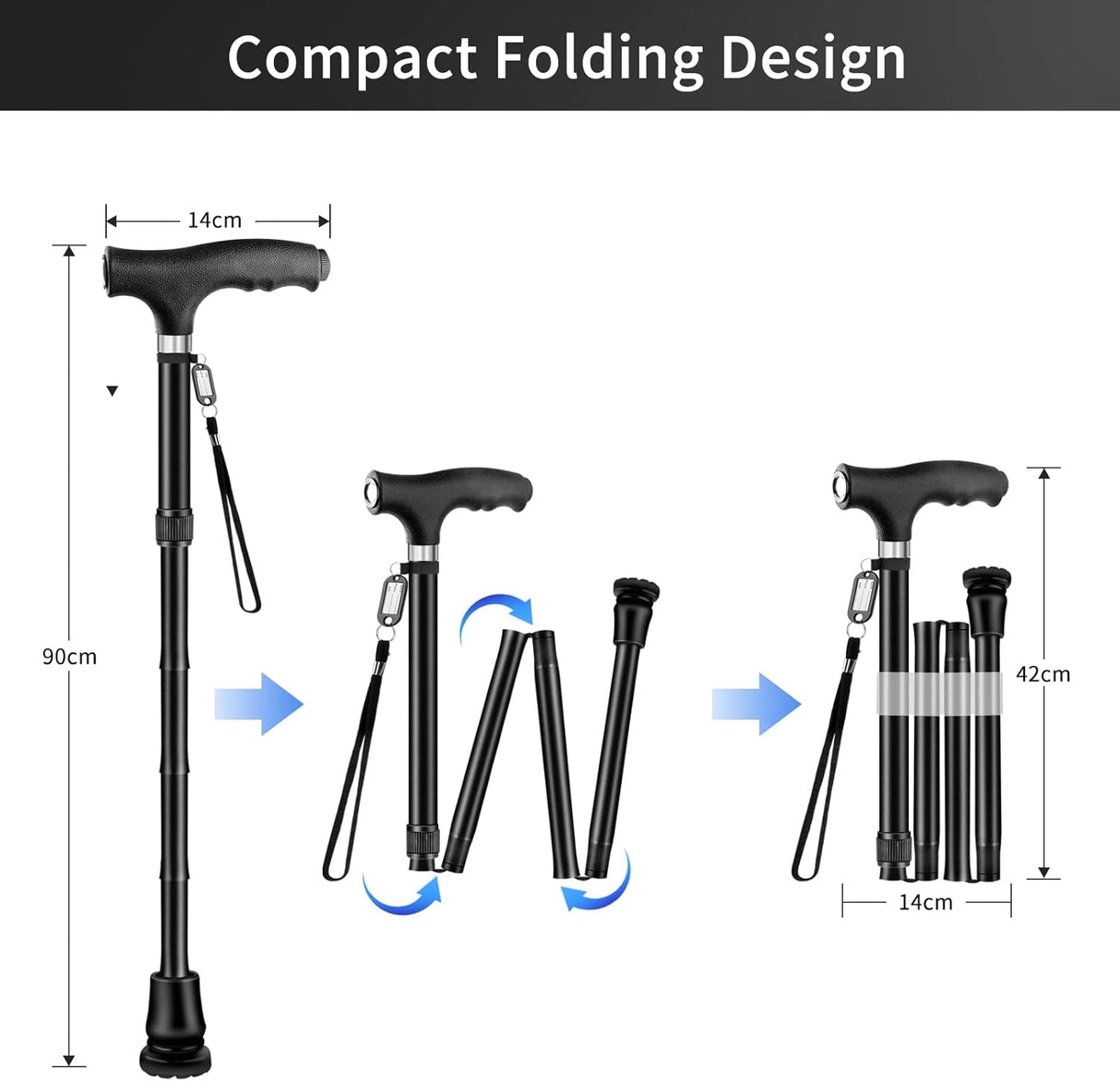 FOLDBAR LED - STOK – Elegant og praktisk sort gangstok med LED - lys. Højdejusterbar. - Seniorpleje - Foldbar stok - Seniorpleje - OOC - 01 -