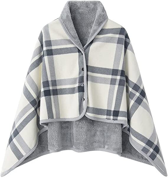 Varm indendørs hygge poncho - One size. Blød & lækker fleece med knapper. - Seniorpleje - Poncho - Seniorpleje - SPL-SHEP-02 - Grå-ternet - -
