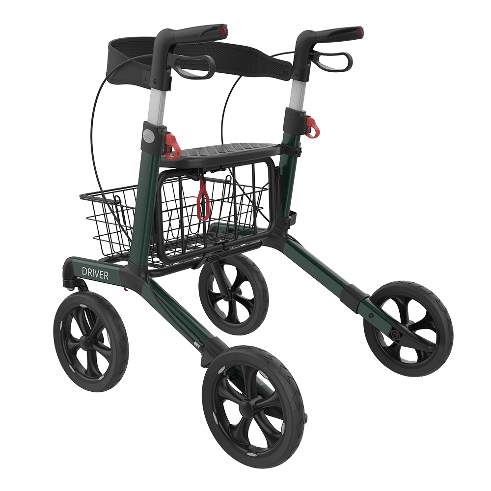 DRIVER foldbar rollator med sæde – Transportabel, mørkegrøn med soft hjul og kurv - Seniorpleje - Letvægts rollatorer - Seniorpleje -  -  - 