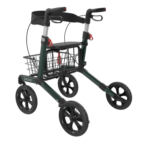 DRIVER foldbar rollator med sæde – Transportabel, mørkegrøn med soft hjul og kurv - Seniorpleje - Letvægts rollatorer - Seniorpleje -  -  - 