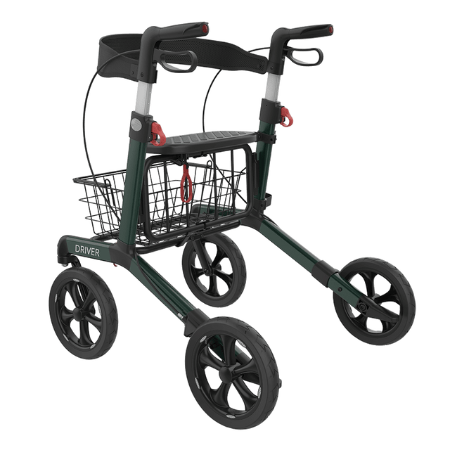 DRIVER foldbar rollator med sæde – Transportabel, mørkegrøn med soft hjul og kurv - Seniorpleje - Letvægts rollatorer - Seniorpleje -  -  - 