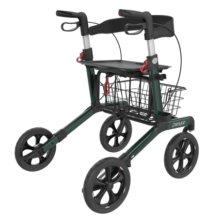 DRIVER foldbar rollator med sæde – Transportabel, mørkegrøn med soft hjul og kurv - Seniorpleje - Letvægts rollatorer - Seniorpleje -  -  - 