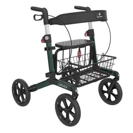 DRIVER foldbar rollator med sæde – Transportabel, mørkegrøn med soft hjul og kurv - Seniorpleje - Letvægts rollatorer - Seniorpleje -  -  - 