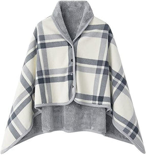 Varm indendørs hygge poncho - One size. Blød & lækker fleece med knapper. - Seniorpleje - Poncho - Seniorpleje - SPL-SHEP-02 - Grå-ternet - -