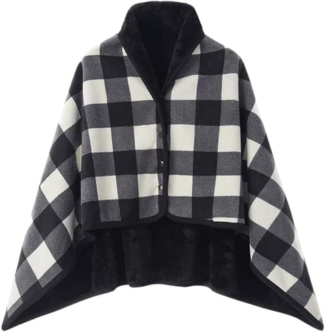 Varm indendørs hygge poncho - One size. Blød & lækker fleece med knapper. - Seniorpleje - Poncho - Seniorpleje - SPL-SHEP-03 - Sort-ternet - -