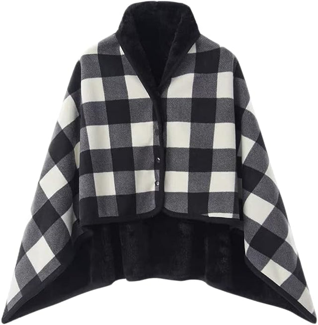 Varm indendørs hygge poncho - One size. Blød & lækker fleece med knapper. - Seniorpleje - Poncho - Seniorpleje - SPL-SHEP-03 - Sort-ternet - -