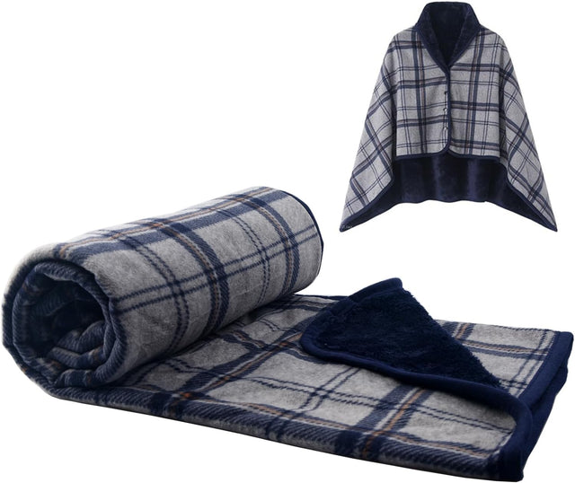 Varm indendørs hygge poncho - One size. Blød & lækker fleece med knapper. - Seniorpleje - Poncho - Seniorpleje - SPL-SHEP-04 - Mørkegrå/navy - -